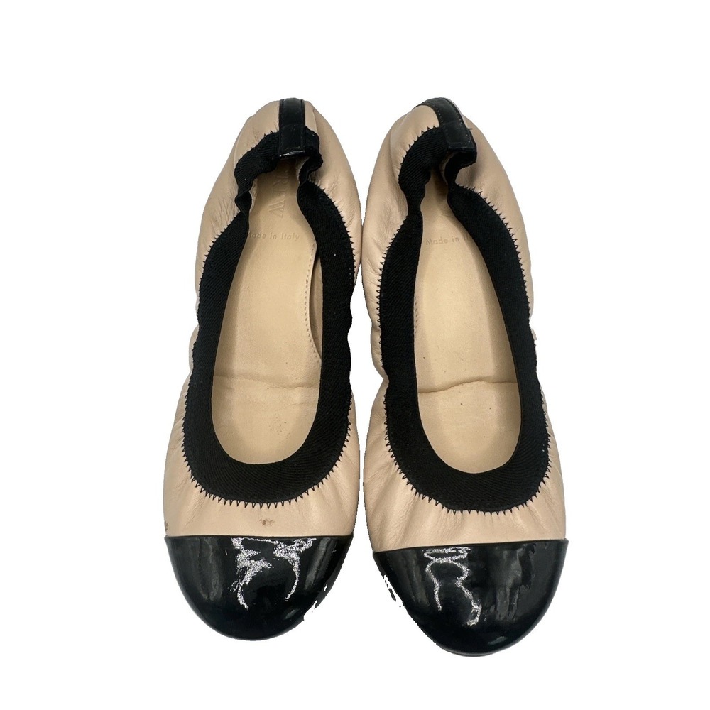J Crew Beige Ballet Flat Black Patent Leather Cap Toe SlipOn Mila Italy Sz 7.5